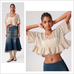 🆕 Cider Hollow Out Ruffle Hem Short Sleeve Top with Crochet